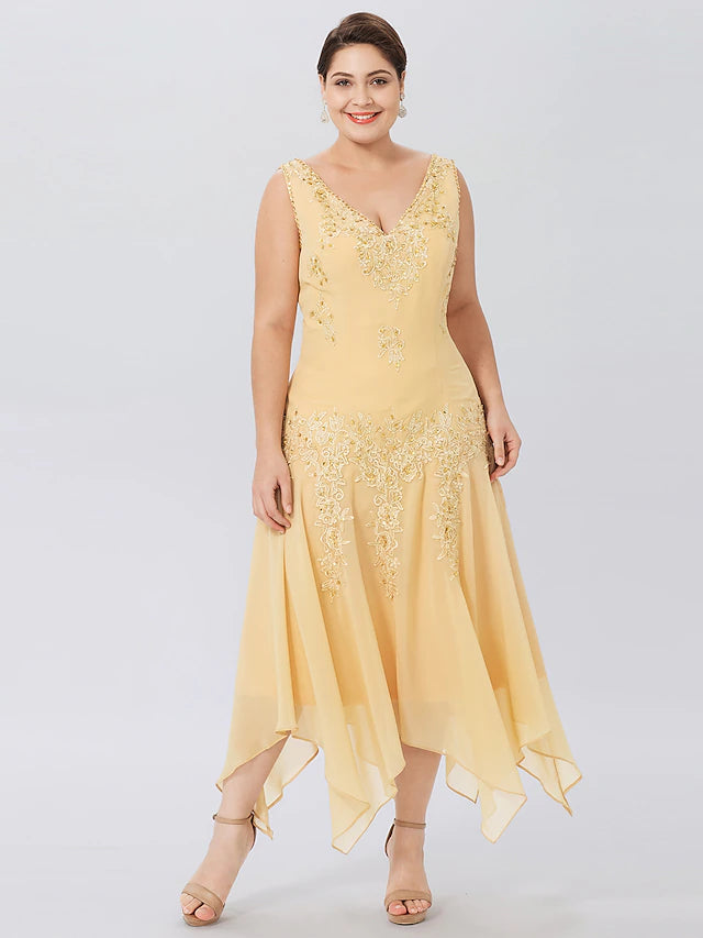 A-Linien-Kleid für die Mutter der Braut, formell, Übergröße, elegant, hoher und niedriger V-Ausschnitt, asymmetrisch, Chiffon, mit Perlen besetzte Spitze, lange Ärmel, Wickelkleid mit Perlenapplikationen